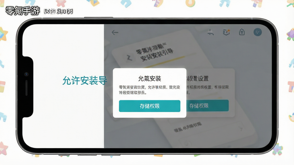 一张展示零氪手游新手操作界面的图片,主体是手机屏幕显示安装引导页面与权限设置弹窗,布局上手机居中,屏幕内显示“允许安装”与“存储权限”按钮,排版清晰,风格为扁平化UI设计,细节上按钮带有高亮效果,画质高清,干净,无多余元素,图片中打文字“零氪手游”
