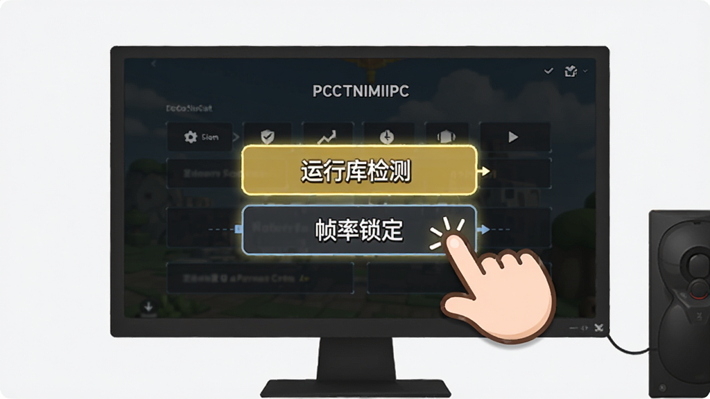 针影裁梦PC电脑版新手操作界面示意图,画面展示电脑屏幕上的游戏设置菜单,高亮显示“运行库检测”与“帧率锁定”选项,旁边有卡通风格的手指点击图标,背景简洁干净,画质清晰无多余元素