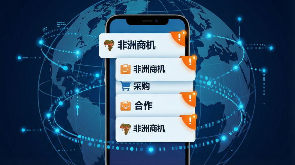 一幅表现信息推送概念的科技风格插图,画面中心是一部手机,屏幕中弹出多条带有“非洲商机”字样的通知卡片,卡片上标注着“采购”“招标”“合作”等关键词,手机周围环绕着数据流和地球经纬线,布局为居中构图,排版突出手机主体,风格为现代科技感,细节包括发光的蓝色数据节点和橙色提醒角标,画质高清,干净,无多余元素