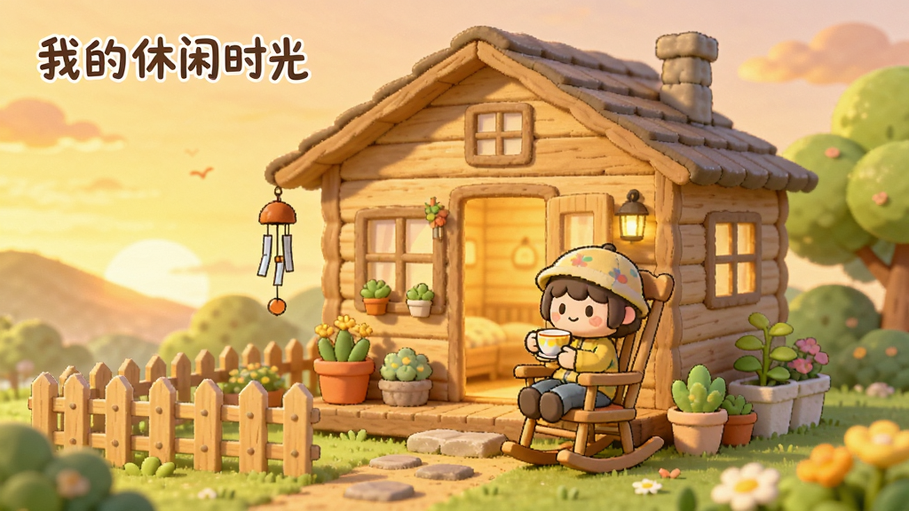 画面中央是一间温馨的木质小屋,屋前有小花园和栅栏,一位卡通风格的角色坐在摇椅上喝茶,周围摆放着盆栽和风铃,背景是柔和的夕阳天空,整体采用温暖治愈的日系插画风格,色彩以暖黄、浅绿、淡粉为主,画面干净整洁,无多余元素,高清画质,细节丰富,画面中带有