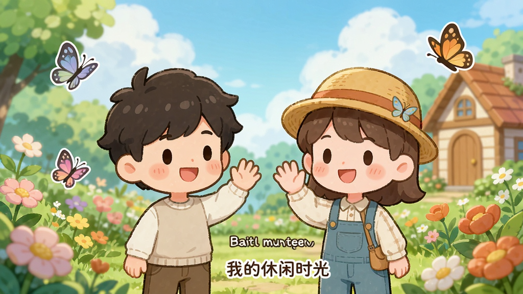 两个卡通风格的角色站在花园中互相挥手,周围有蝴蝶和花朵,背景是蓝天白云和小木屋,画面采用明亮清新的色调,日系治愈插画风格,氛围轻松愉快,细节精致,高清画质,画面中带有