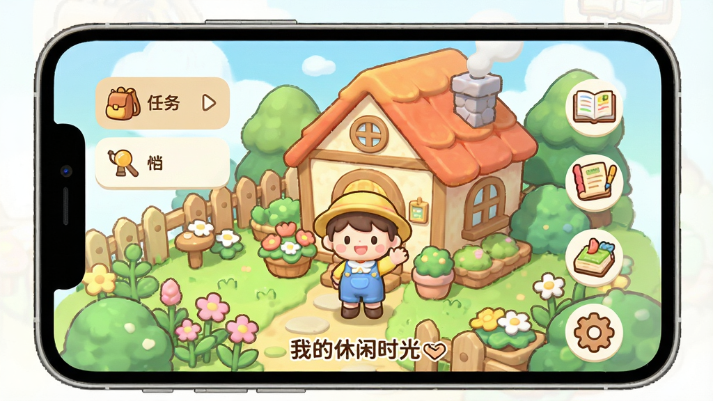一个卡通风格的手机屏幕界面,屏幕上显示着一座温馨的小屋和花园,界面中有任务列表、背包、菜谱等图标,一位角色站在屏幕中央挥手,画面采用明亮的浅色调,日系治愈插画风格,细节清晰,布局整洁,高清画质,画面中带有