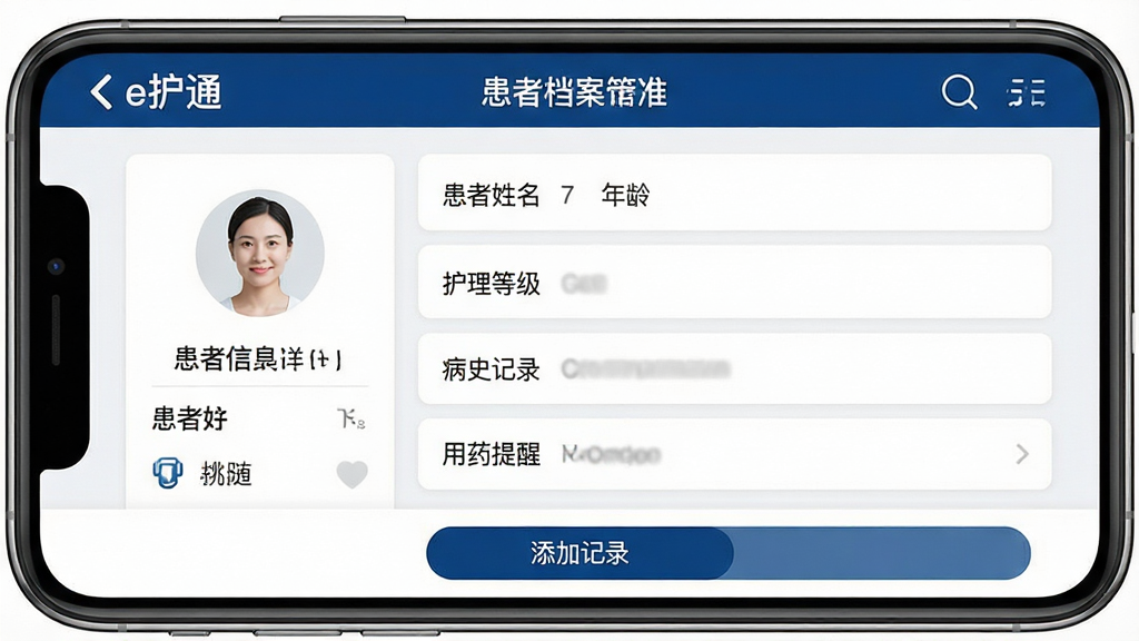 一张展示e护通医护端患者档案管理功能的界面示意图,画面中央是手机屏幕显示患者档案详情页,包含患者姓名、年龄、护理等级、病史记录、用药提醒等字段,采用卡片式分组布局,左侧有头像和基本信息,右侧是详细记录列表,底部有添加记录按钮,整体配色为白色背景配深蓝色标题栏和浅灰分隔线,风格干净医疗专业感,文字清晰可读,画质高清无多余元素