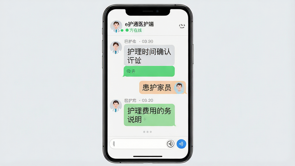 一张展示e护通医护端在线沟通界面的示意图,画面中央是手机聊天窗口,左侧显示医护人员头像和消息气泡,右侧显示患者家属回复内容,聊天内容涉及护理时间确认和服务费用说明,底部有输入框和语音按钮,顶部显示对方在线状态,背景为浅灰色,风格简洁现代,细节包含已读标记和时间戳,画面中出现文字“e护通医护端”,画质清晰干净无多余元素