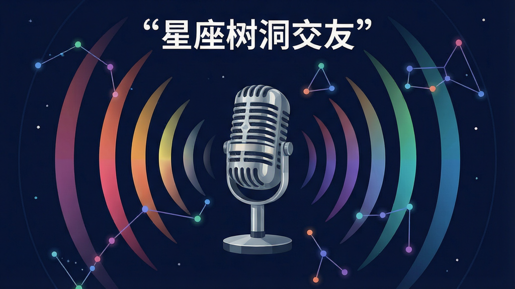 一张表现语音连麦功能的AI生图。主体是一个复古风格的麦克风悬浮在星座连线构成的网络中央。布局为麦克风居中,四周环绕着不同颜色的声波涟漪。排版采用放射状构图,声波向外扩散。风格为现代扁平化插画,细节包括麦克风上的金属质感、声波的渐变色彩、背景的暗夜蓝底色。画质清晰,画面干净,无多余元素,图片顶部有引号文字“星座树洞交友”。