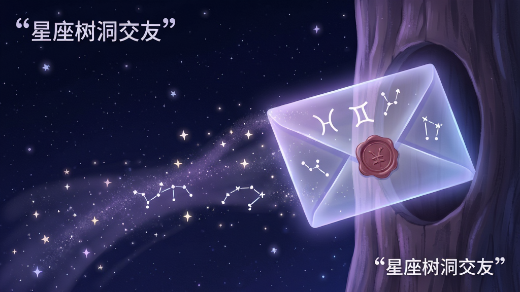 一张表现匿名倾诉功能的AI生图。主体是一个半透明的发光信封从树洞中飞出,信封上印有星座符号。布局为信封占据画面右侧三分之一,左侧是深邃的星空背景。排版采用对角线构图,信封飞行轨迹带出点点星光。风格为梦幻插画风,细节包括信封上的火漆印章、飘落的星尘、柔和的紫蓝色调。画质细腻,干净通透,无多余元素,画面角落有引号文字“星座树洞交友”。