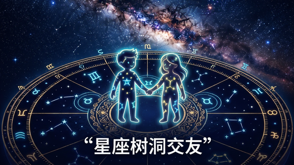 一张展示星座匹配功能的AI生图。主体是两个分别代表不同星座的发光小人手牵手站在星盘上。布局为星盘占据画面下方三分之二,两个小人位于星盘中央。排版上星盘刻度清晰,星座符号标注明显。风格为科技感与神秘感结合的插画,细节包括星盘上的繁复花纹、人物身上的星座光纹、背景的银河。画质锐利,画面干净,无多余元素,图片下方有引号文字“星座树洞交友”。