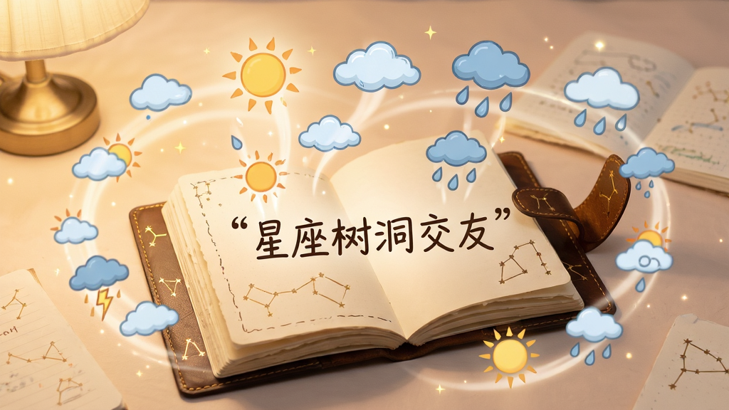 一张展示心情日记功能的AI生图。主体是一本打开的魔法日记本,页面上漂浮着太阳、云朵、雨滴等天气符号。布局为日记本平铺在画面中央,符号从书页中升起。排版上天气符号错落有致,围绕日记本旋转。风格为手账风与魔法风结合,细节包括日记本的皮革封面、烫金星座图案、柔和的暖色调灯光。画质细腻,干净无杂物,图片中有引号文字“星座树洞交友”。