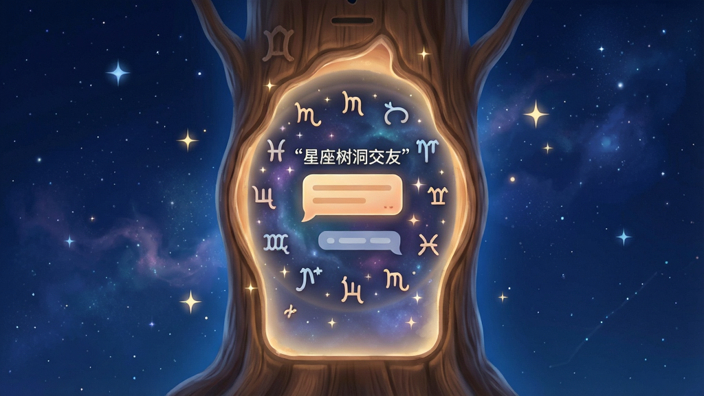 一张展示星座树洞交友软件界面的精美插画。主体是一个发光的树洞形状手机屏幕,屏幕内显示十二星座符号围绕着一个温馨的聊天对话框。布局采用中心对称构图,手机悬浮在深蓝色星空背景中央。排版上星座符号呈环形排列,对话框位于正中心。风格为唯美治愈系数字艺术,细节包括柔和的星云纹理、闪烁的星星光点、树洞边缘的木质纹理。画质高清,画面干净,无多余元素,图片中央有引号文字“星座树洞交友”。
