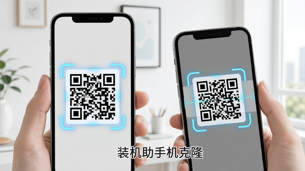 一部手机屏幕显示二维码,另一部手机正在扫描该二维码,画面明亮清新,主体为两部手机,布局左右分布,风格简约现代,细节上二维码周围有扫描框动画效果,画质高清,画面干净,图片中打文字“装机助手机克隆”
