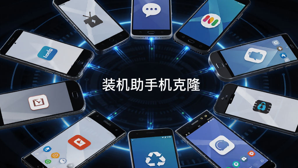 多部不同品牌的安卓手机围成一圈,手机屏幕之间用光线连接,象征跨品牌兼容,画面中央有“装机助手机克隆”文字,主体为多部手机,布局环形排列,风格科技感强,细节上每部手机屏幕显示不同品牌标志的简化图标,画质清晰,无多余元素