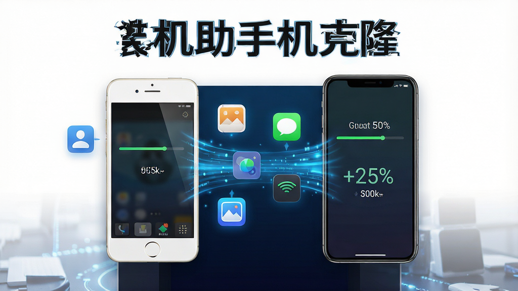 一张展示智能手机之间进行数据迁移的科技感插图,画面中央是一部旧手机和一部新手机,两者之间由发光的蓝色数据流线条连接,数据流中漂浮着联系人图标、相册图标、短信图标、应用图标等元素,背景为深色渐变科技风格,布局左右对称,排版居中,风格简洁现代,细节上手机屏幕显示传输进度条和完成百分比,画质高清,画面干净,无多余元素,图片中打文字“装机助手机克隆”
