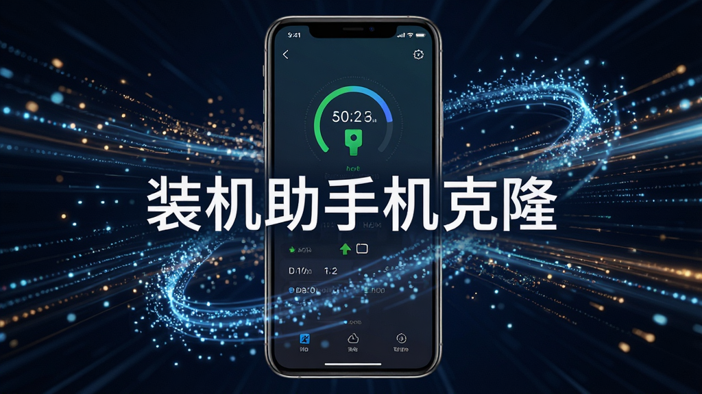 一部手机屏幕显示热点连接成功的界面,周围环绕着快速移动的光线粒子,象征高速数据传输,画面中央有“装机助手机克隆”字样,主体突出手机设备,布局居中,风格充满动感与科技感,细节上手机屏幕有传输速度数值显示,画质清晰干净,无多余元素
