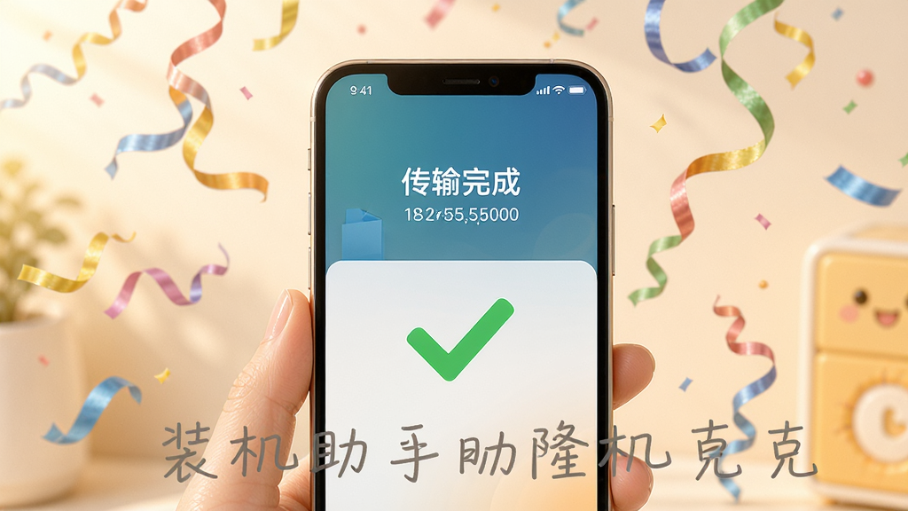 一部手机屏幕显示传输完成的绿色对勾界面,周围有彩带飘落效果,画面温馨愉悦,主体为手机,布局居中,风格轻松明快,细节上屏幕显示“传输完成”文字和文件数量统计,画质高清,画面干净,图片中打文字“装机助手机克隆”