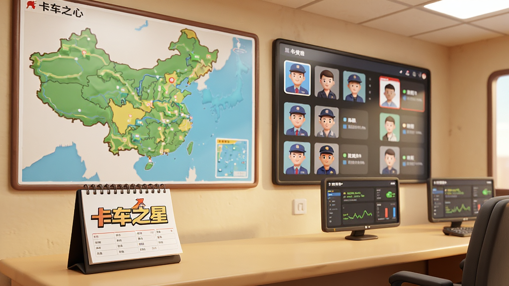 运输公司调度中心场景,墙上有大地图与任务面板,多名司机头像显示在屏幕上,办公桌上有