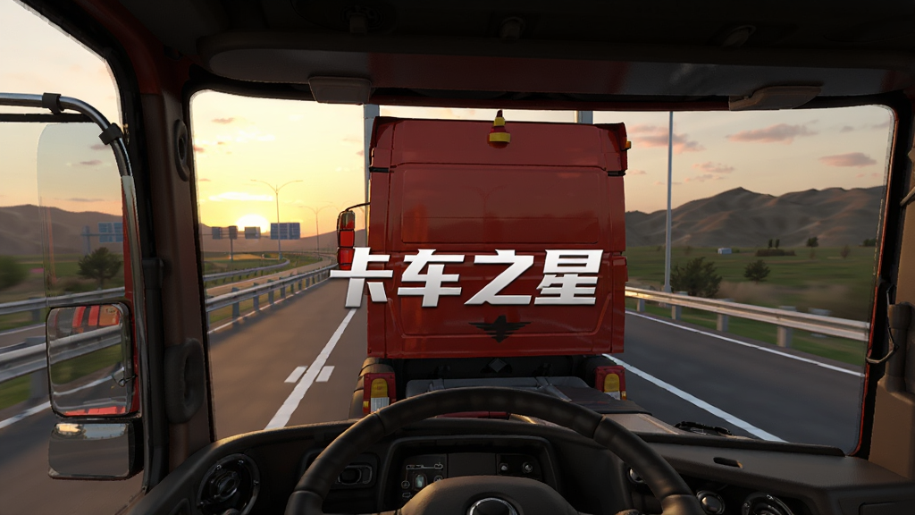一辆红色重型卡车行驶在夕阳下的高速公路上,驾驶室视角,前方是连绵的山脉与金色晚霞,路面有清晰的标线,画面风格写实3D渲染,细节丰富,画质高清,干净无多余元素,图片中央有
