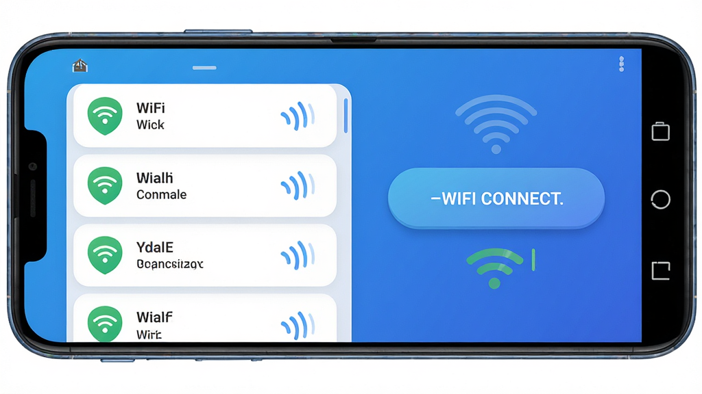 WiFi密码钥匙软件主界面在安卓手机上展示,主体为手机屏幕特写居中放置,布局采用左右分栏,左侧显示WiFi信号扫描列表,右侧展示一键连接按钮和信号强度图标,排版干净整洁,风格为现代科技扁平化设计,细节包含蓝色渐变背景、圆角卡片、信号波纹动画效果,画质高清,干净无多余元素