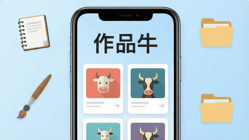 一张手机屏幕展示作品牛软件主界面,画面中央是整洁的作品列表卡片式布局,顶部有
