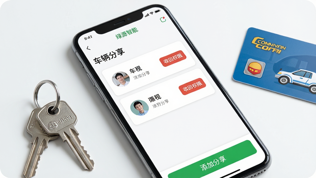 一部手机屏幕显示“绿源智能”APP的车辆分享管理页面,页面列出两位已分享用户头像与昵称,右侧有“收回权限”按钮,页面顶部有“车辆分享”标题,底部有“添加分享”绿色按钮,界面简洁明了,采用卡片式布局,背景为白色,手机旁边有一串钥匙和一张公交卡,画面干净整洁,高清画质