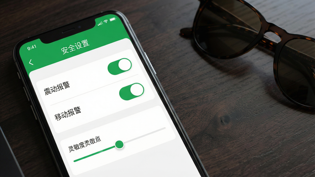 一张手机屏幕截图风格图片,展示“绿源智能”APP的“安全设置”页面,页面内有“震动报警”和“移动报警”两个开关按钮均处于开启状态,下方有灵敏度调节滑块,页面顶部有“安全设置”标题,整体UI采用绿色与白色搭配,界面简洁,文字清晰,手机放置在深色桌面上,旁边有一副墨镜,画面干净,高清画质