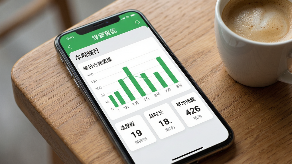 手机屏幕展示“绿源智能”APP的骑行数据统计页面,页面顶部有“本周骑行”标题,中部为柱状图显示每日行驶里程,下方列出总里程、总时长、平均速度三项数据卡片,配色以绿色和浅灰色为主,图表线条清晰,数字醒目,手机放置在木质桌面上,旁边有一杯咖啡,整体氛围轻松舒适,高清画质