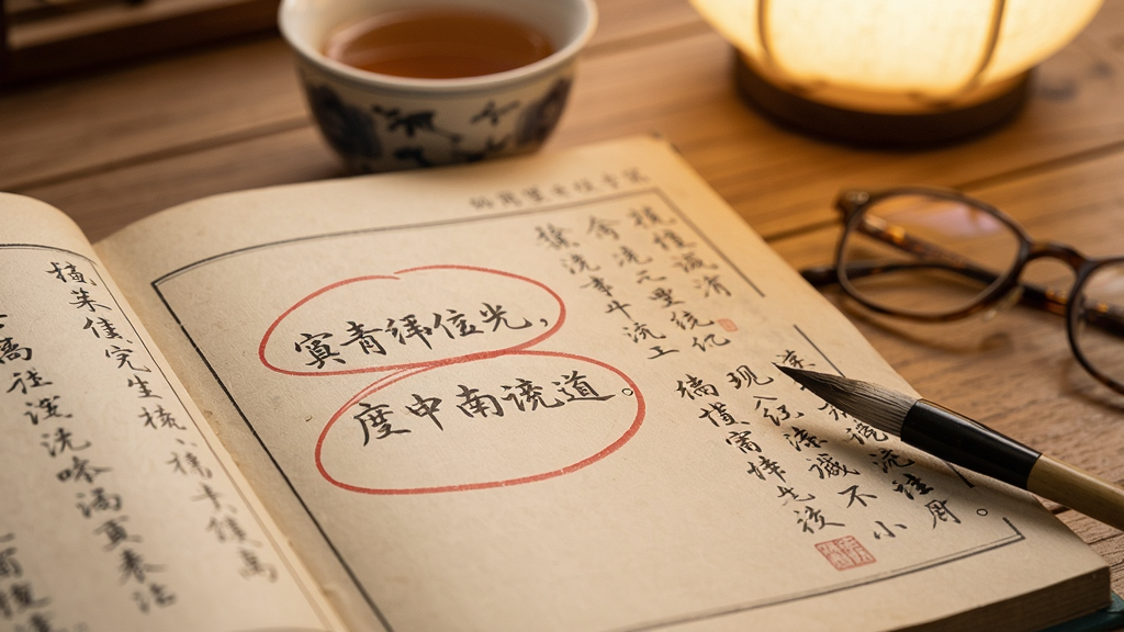 一本打开的古诗词书籍特写,书页上用红色圆圈标注了两句诗,旁边有毛笔书写的注释文字,背景是柔和的暖光,桌上放着茶杯和眼镜,画面风格为写实静物摄影,布局为微距特写,细节丰富,画质细腻,干净无多余杂物