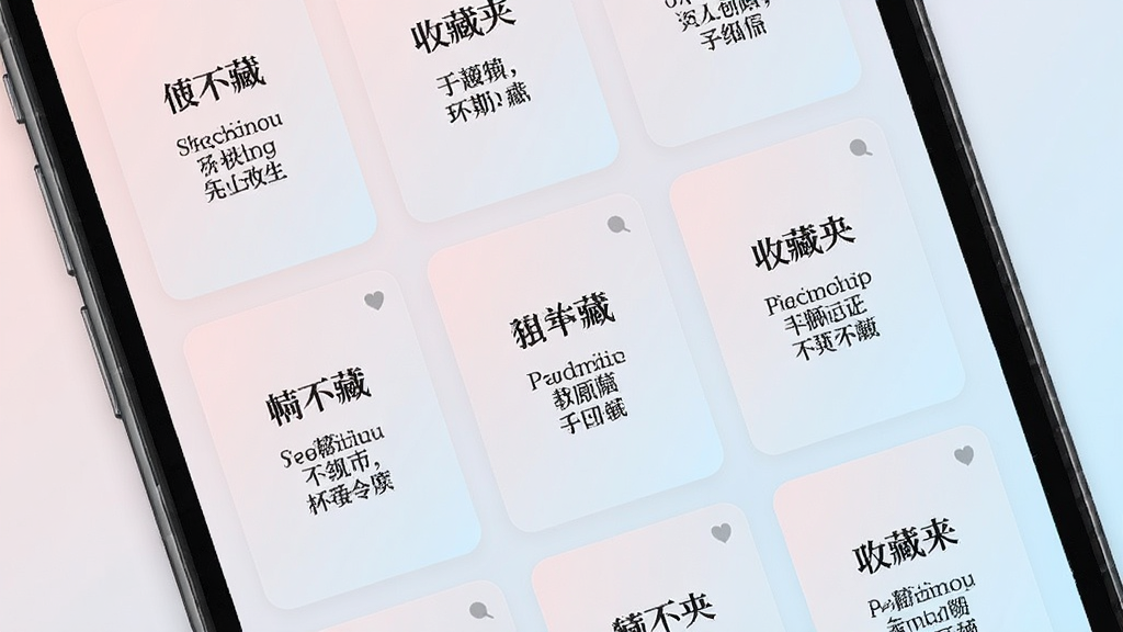 一个手机屏幕界面展示收藏夹功能,屏幕上排列着多张精美的名字卡片,每张卡片上有名字和诗句,背景是淡粉色和淡蓝色的柔和渐变,画面风格为UI界面展示,布局为网格状排列,细节精致,画质清晰,干净整洁