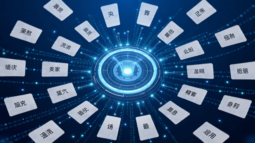 一个充满科技感的智能推荐界面,中央是一个发光的圆形算法核心,周围漂浮着许多带有汉字的卡片,卡片上写着不同的名字,背景是深蓝色渐变,有数据流和光点环绕,画面风格为未来科技感,布局为放射状,细节清晰,画质优良,干净无杂乱
