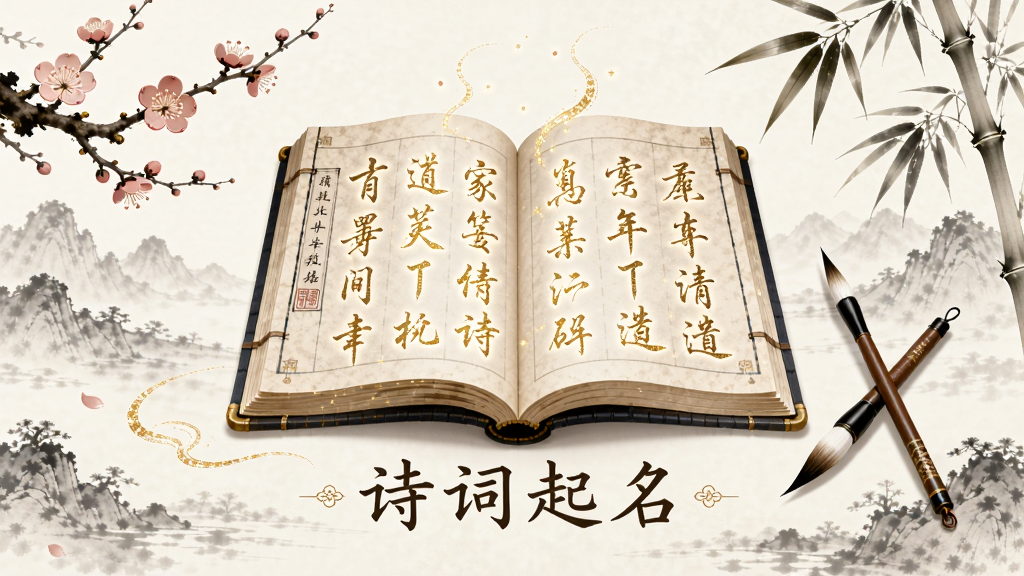 一幅展示中国古典诗词文化的插画,画面中央是一本翻开的古籍,书页上浮现出金色的汉字笔画,周围环绕着梅花、竹叶和毛笔,背景是淡雅的水墨山水,画面下方有