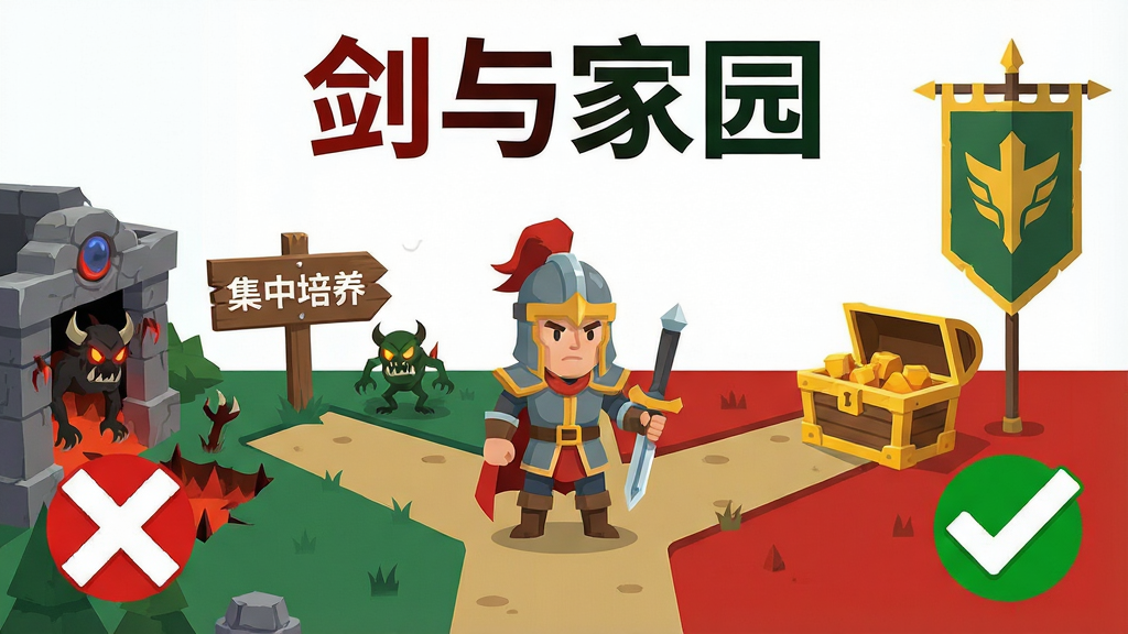 剑与家园新手避坑指南信息图,画面主体为一位游戏角色站在分岔路口,左侧是陷阱与怪物,右侧是宝箱与联盟旗帜,布局上角色位于中央,左右两侧分别用红色叉号与绿色对勾标注,排版上顶部有“剑与家园”标题,风格为扁平化游戏攻略插图,细节包括路标文字“集中培养”“加入联盟”,画质为高清,干净无多余元素,整体色调以红绿对比为主,突出警示与建议。