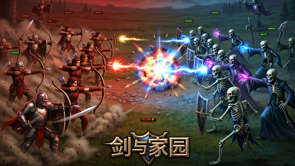 剑与家园游戏内的实时策略对战场景,画面主体为两支军队在平原上激烈交锋,左侧是玩家率领的人类骑士与弓箭手,右侧是亡灵族的骷髅战士与法师,布局上军队呈对冲阵型,画面中央有魔法爆炸特效,排版上画面底部显示“剑与家园”的LOGO,风格为写实奇幻战争插画,细节包括士兵的武器挥舞轨迹、魔法光效、地面扬尘,画质高清,干净无多余元素,整体色调以红蓝对比为主,突出战斗的激烈感。