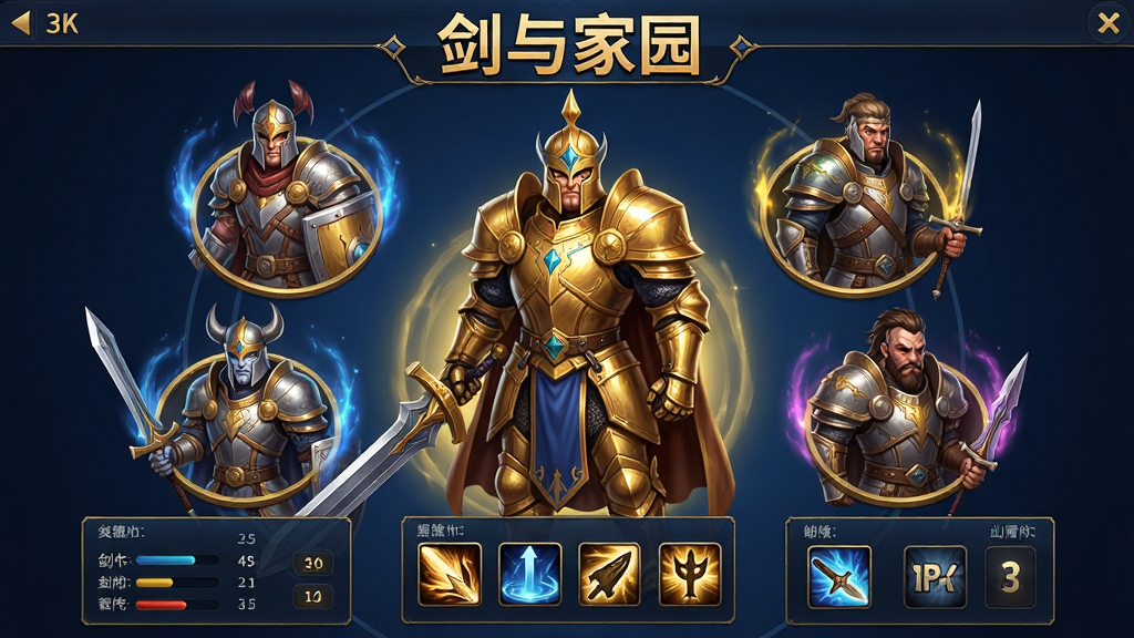 剑与家园英雄养成界面,画面主体为一位身穿金色铠甲的圣骑士英雄站在中央,周围环绕着四位不同种族的英雄伙伴,布局采用圆形排列,英雄下方有属性面板与技能图标,排版上顶部有“剑与家园”标题,风格为游戏UI概念设计,细节包括英雄的细腻立绘、装备的光泽、技能图标的魔法光晕,画质为高清2K,干净无多余元素,整体色调以金色与深蓝为主,突出英雄的威严感。