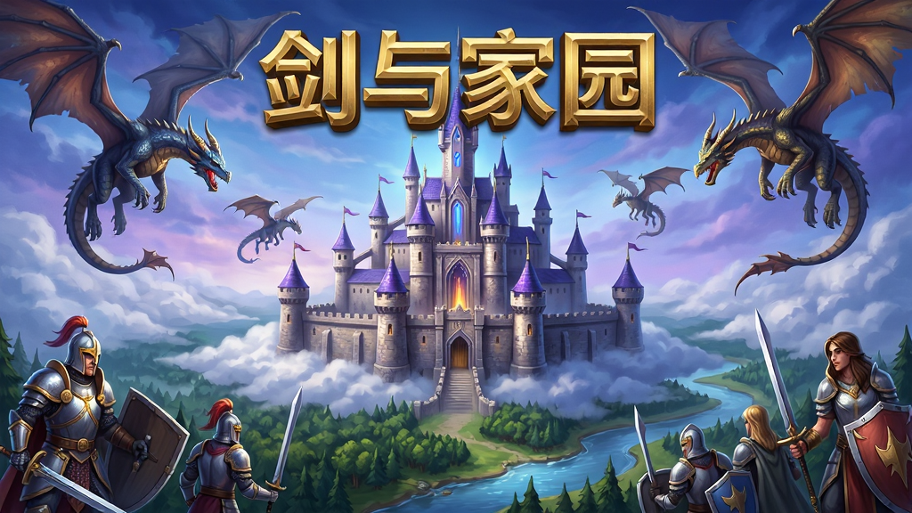 剑与家园是一款奇幻策略战争手游,画面主体为一座宏伟的魔法城堡矗立在云端,城堡周围有飞龙盘旋,下方是茂密的森林与河流,画面布局采用中心对称构图,城堡位于正中,四周分布着不同种族的士兵与英雄角色,排版上游戏名称“剑与家园”以金色立体字体悬浮在画面顶部中央,风格为史诗奇幻CG插画,细节包括城堡的砖石纹理、士兵的盔甲反光、飞龙的鳞片质感,画质为4K超高清,干净无多余元素,整体色调以蓝紫与金色为主,营造出神秘而宏大的氛围。