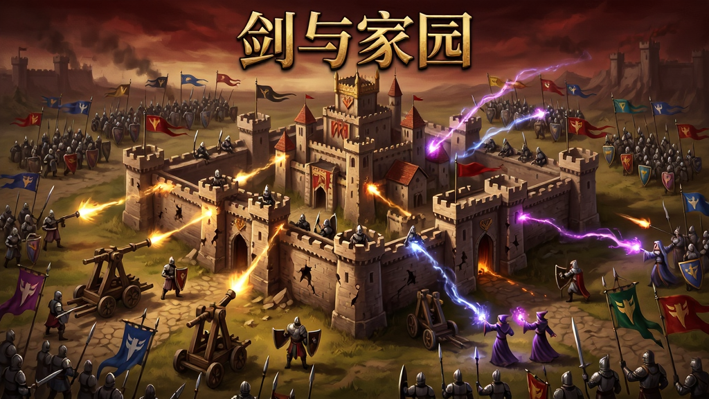 剑与家园联盟领土争夺战,画面主体为一座巨大的王城被多个联盟的军队包围,城墙上有守军射击,城外有攻城车与法师释放魔法,布局上王城位于画面中央,四周分布着不同颜色的联盟旗帜与军队,排版上画面顶部显示“剑与家园”字样,风格为史诗战争全景插画,细节包括城墙的破损、旗帜的飘动、魔法的轨迹,画质为4K超高清,干净无多余元素,整体色调以暗红与金色为主,营造出宏大战争氛围。