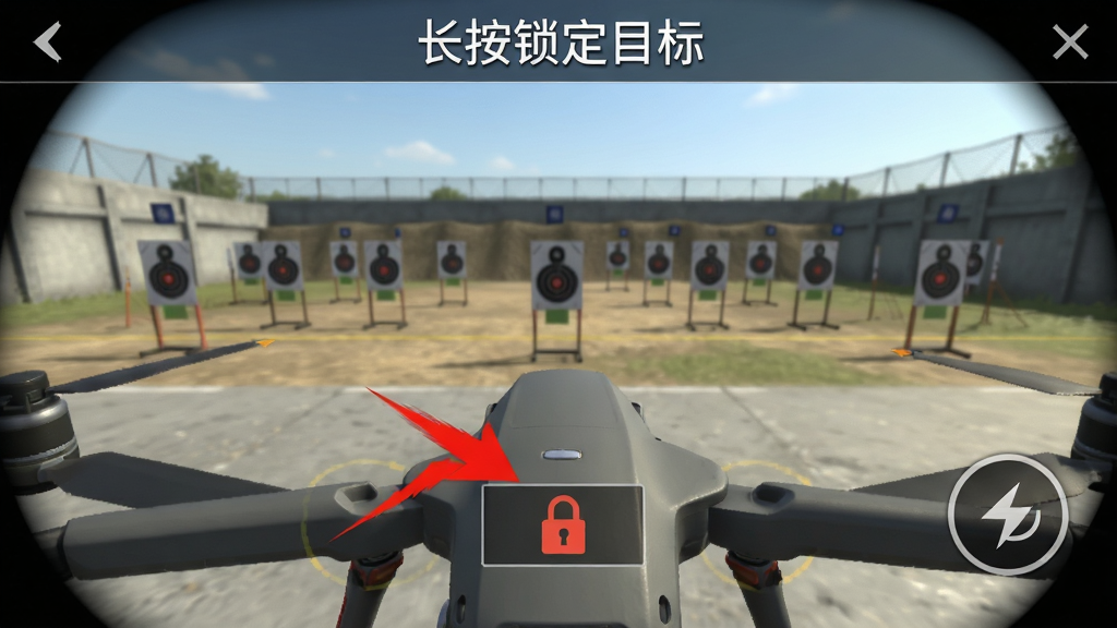 无人机:暗影打击新手操作教学界面截图,画面中显示无人机视角下有红色箭头指向锁定按钮与发射按钮,屏幕上方有文字提示“长按锁定目标”,背景为训练场靶标,界面简洁,标注清晰,画质干净