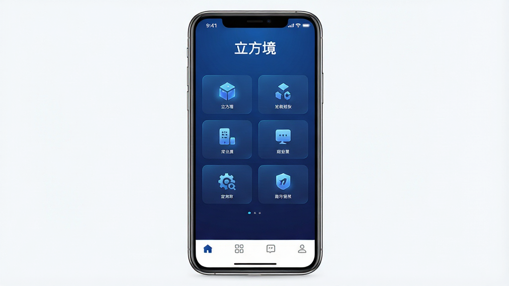 一张展示立方境软件主界面的手机屏幕截图,画面中央放置一部现代智能手机,手机屏幕显示立方境应用的主页,界面采用深蓝色渐变背景,顶部有“立方境”文字标识,中部排列多个功能模块图标,底部为导航栏,整体布局简洁清晰,风格偏向科技感与商务感,细节上图标带有微光效果,画质高清,画面干净,无多余元素