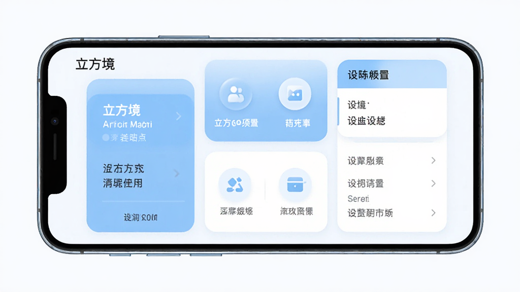 一幅展示立方境移动端操作界面的示意图,画面中一部手机横屏放置,屏幕显示立方境的功能菜单和设置选项,界面采用卡片式布局,配色以白色和浅蓝色为主,风格清新简洁,细节上图标圆润清晰,文字标注明确,画质高清,画面干净,无多余元素