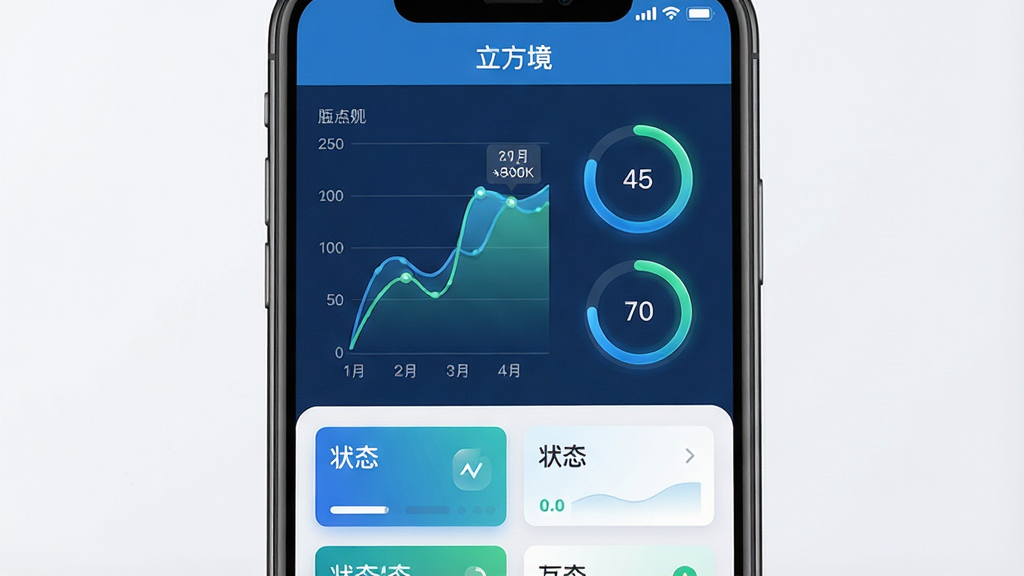 一张展示立方境运行状态监控界面的手机截图,画面中手机屏幕显示折线图和环形进度条,图表采用蓝绿配色,数据标签清晰可见,屏幕上方有“立方境”标题,下方有多个状态卡片,整体布局规整,风格简洁现代,细节上图表线条平滑有光泽,画质高清,画面干净,无多余元素