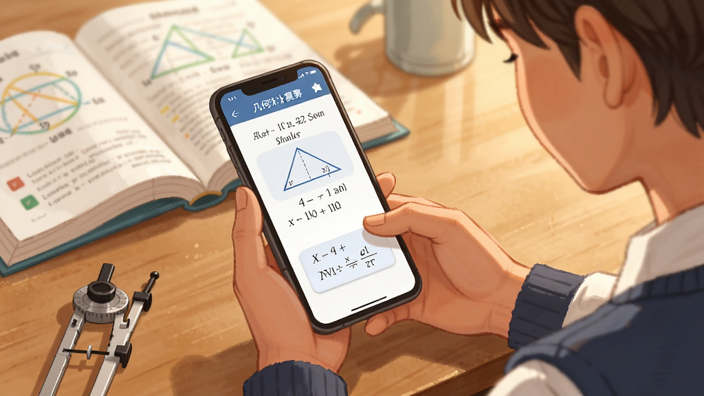 一张教育场景插图,画面中一位学生在书桌前使用手机上的