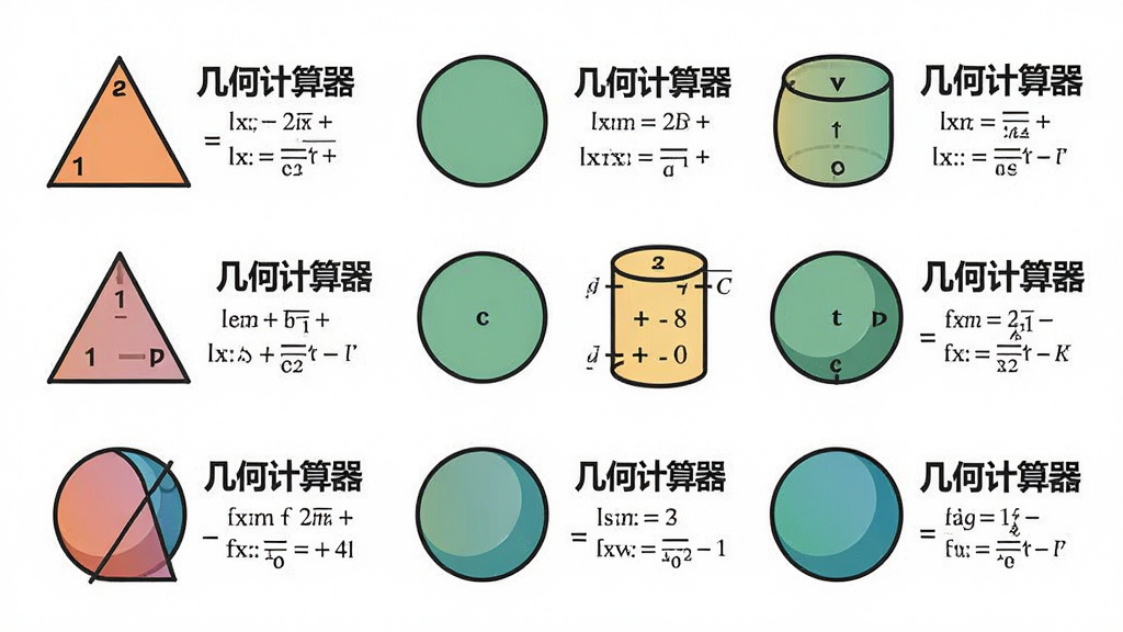 一张信息图风格插图,画面中整齐排列着三角形、圆形、圆柱体、球体等几何图形,每个图形旁边标注着