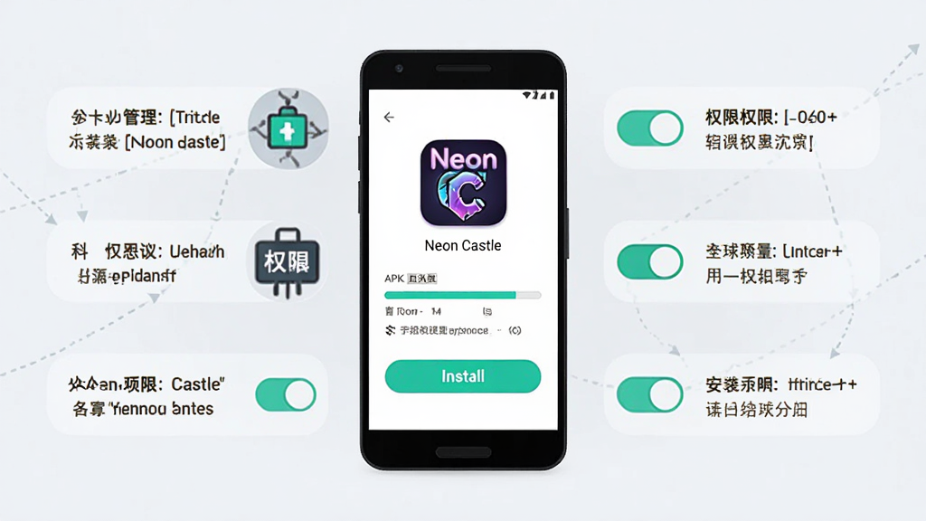 Neon Castle安卓手机安装教程示意图,画面主体为一部智能手机显示APK安装界面,屏幕中显示安装进度条和“Neon Castle”图标,手机周围环绕设置菜单图标示意权限开启步骤,排版为居中手机加左右标注说明,风格为简洁扁平化教程插图,细节包括安装按钮高亮、权限开关图标,画质高清干净,无多余元素