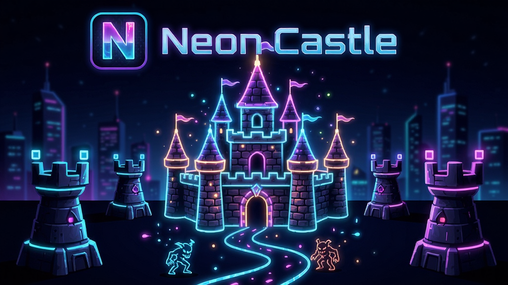 一幅以Neon Castle为主题的竖版游戏宣传图,画面主体是一座由发光霓虹线条构成的未来城堡,城堡周围分布着多座造型各异的防御塔,塔身散发蓝紫色光芒,城堡前方有发光的敌人路径蜿蜒延伸,背景是深色夜空与远处霓虹城市剪影,整体排版为游戏图标加标题文字“Neon Castle”置于画面上方,风格为赛博朋克霓虹艺术,细节包括光晕效果、粒子特效、城堡砖块纹理,画质高清干净,无多余元素