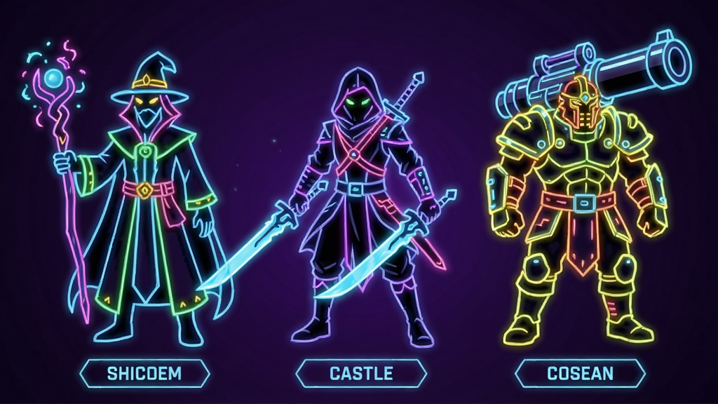Neon Castle英雄角色展示图,画面主体为三位霓虹风格的英雄角色并排站立,从左到右分别为手持能量法杖的法师、双持光刃的刺客、肩扛巨炮的战士,角色身体由发光线条勾勒,背景为深紫色渐变,排版为角色立绘加底部名称标签,风格为霓虹赛博朋克角色设计,细节包括装备发光纹理、技能特效光晕,画质高清干净,无多余元素
