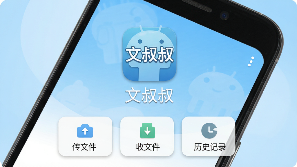 一张展示文叔叔安卓客户端主界面的预览图,画面中央是文叔叔APP的图标和名称“文叔叔”字样,图标下方排列着“传文件”“收文件”“历史记录”三个主要功能按钮,背景为干净的浅蓝色渐变,整体风格简洁清爽,手机屏幕内展示界面布局,画质清晰,无多余元素