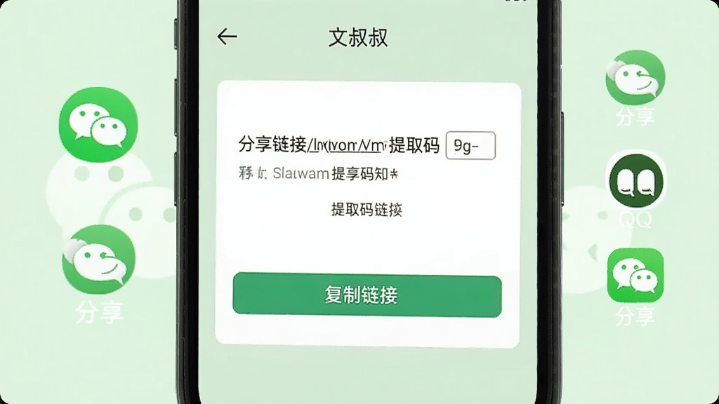 展示文叔叔分享链接界面的图片,画面中一部手机显示分享链接和提取码,旁边有微信、QQ、短信等分享图标,链接下方有“复制链接”按钮,背景为清爽的浅绿色调,风格简洁明快,画质清晰,无杂乱元素