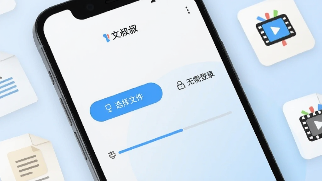 一部安卓手机屏幕中展示文叔叔APP的文件上传界面,画面中有“选择文件”按钮和上传进度条,旁边有“无需登录”的文字标识,背景为柔和的白色与淡蓝色搭配,手机周围散落着几个文档和视频图标,风格简约现代,画质清晰干净