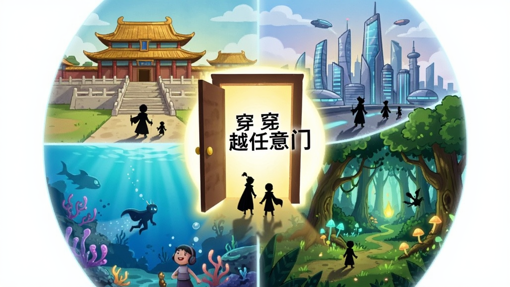 一幅展示多个平行世界交汇的插画,画面以“穿越任意门”文字为中心,周围环绕着不同风格的场景:古代宫殿、未来都市、魔法森林、海底世界。画面布局采用圆形环绕构图,风格为卡通奇幻,细节包括门框、光晕、角色剪影,画质高清,干净整洁。