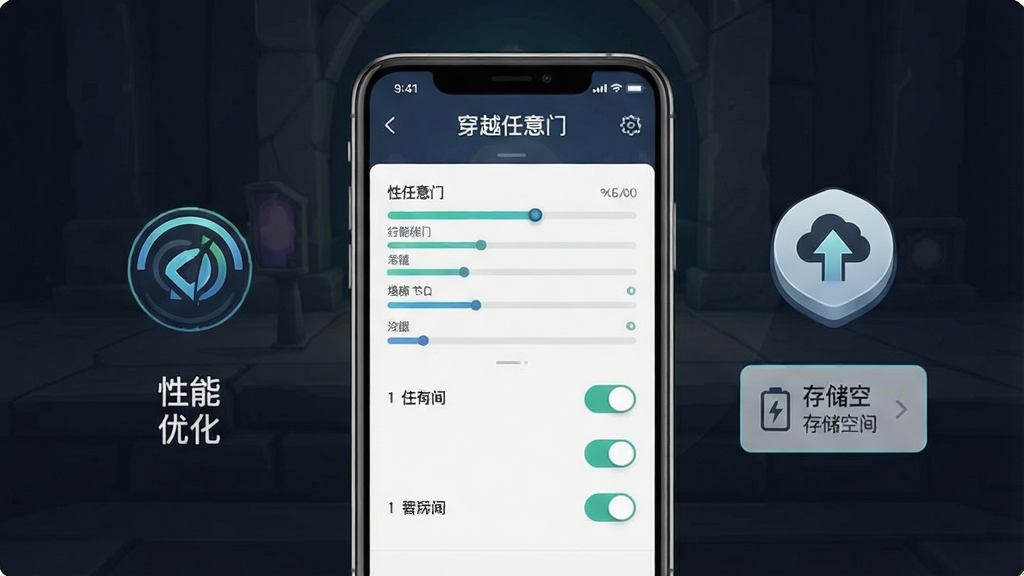一张展示手机游戏运行优化设置的示意图,画面主体是一部智能手机,屏幕上显示“穿越任意门”游戏的设置界面,旁边有性能优化图标和存储空间提示。风格为科技简约,布局清晰,细节包括进度条、开关按钮,画质高清,画面中带有“穿越任意门”文字。