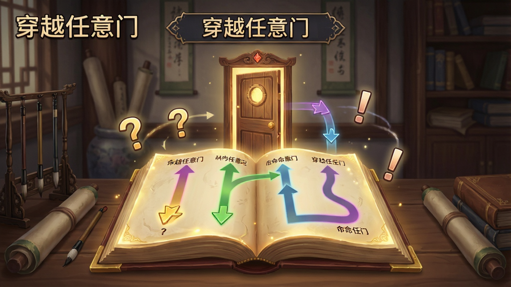 一张表现剧情分支选择的画面,主体是“穿越任意门”游戏界面,背景为古风书房,桌面上摊开着一本发光的命运之书,书页上浮现出不同颜色的选择路径线条,周围漂浮着问号和感叹号图标。风格为RPG游戏UI风格,细节清晰,画质高清,画面中带有“穿越任意门”文字。