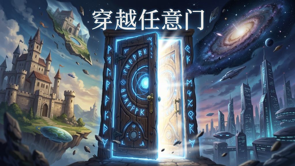 一张充满神秘色彩的奇幻插画,画面中央是一扇散发着蓝色光芒的古老木门,门上雕刻着复杂的时空符文,门缝中透出耀眼的白光。门周围漂浮着不同世界的碎片景象,左侧是古代城堡,右侧是未来都市,上方是星空宇宙。整体风格为唯美奇幻,细节丰富,画质高清,干净无多余元素,画面中可加入文字“穿越任意门”。
